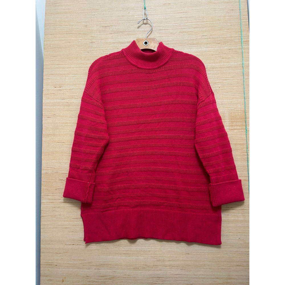 LOFT Womens Red Mock Neck Textured Stripe Knit Tunic Sweater Small